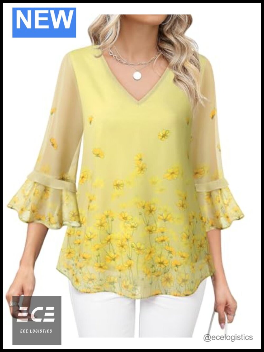 Womens Floral Chiffon Tunic Blouse Ruffle 3/4 Sleeve V-Neck Work Top